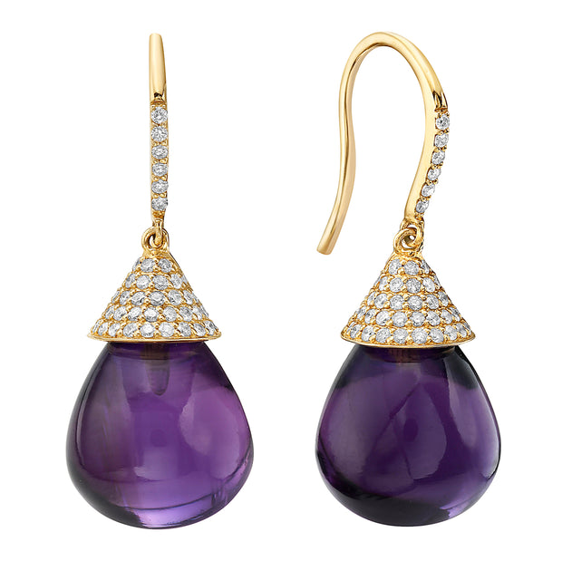 14K Yellow Gold Gum Drop Amethyst & Diamond Earrings