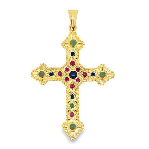 Estate 18K Yellow Gold Sapphire, Emerald & Ruby Cross
