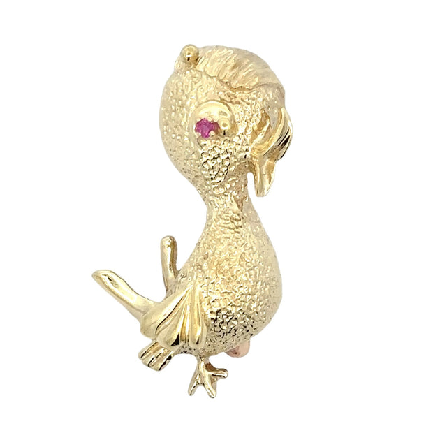 Estate 14K Yellow Gold & Ruby Chicken Pin