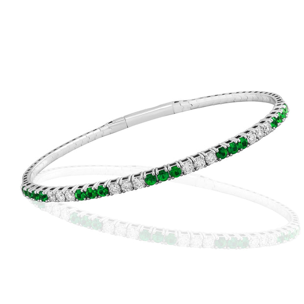 18K White Gold Emerald & Diamond Flexible Bangle Bracelet