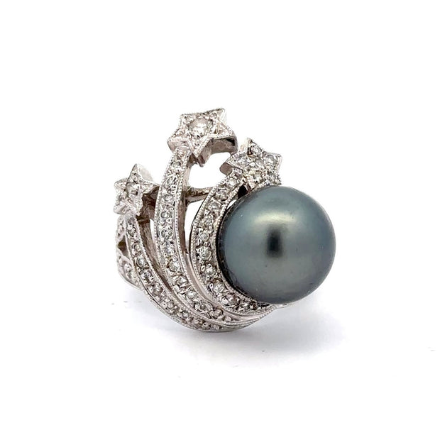 Estate 18K White Gold Tahitian Pearl & Diamond Ring