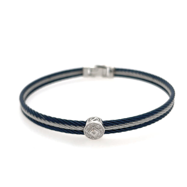 ALOR Navy & Grey Cable Classic Stackable Bracelet with Single Round Station set in 18kt White Gold