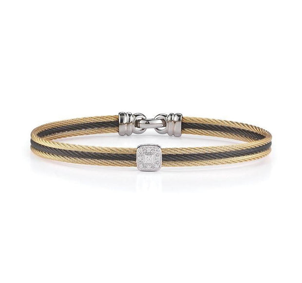 ALOR Yellow & Black Cable Classic Stackable Bracelet with Single Square Station set in 18kt White Gold