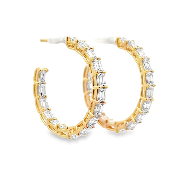 18K Yellow Gold Emerald-Cut Diamond Hoop Earrings